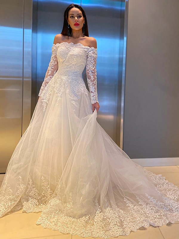 A-Line/Princess Lace Applique Off-the-Shoulder Long Sleeves Sweep/Brush Train Wedding Dresses 690