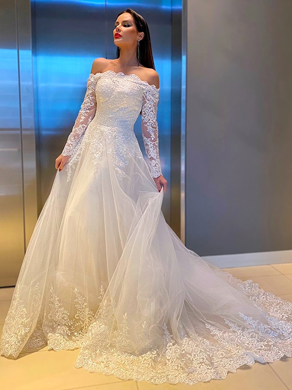 A-Line/Princess Lace Applique Off-the-Shoulder Long Sleeves Sweep/Brush Train Wedding Dresses 690