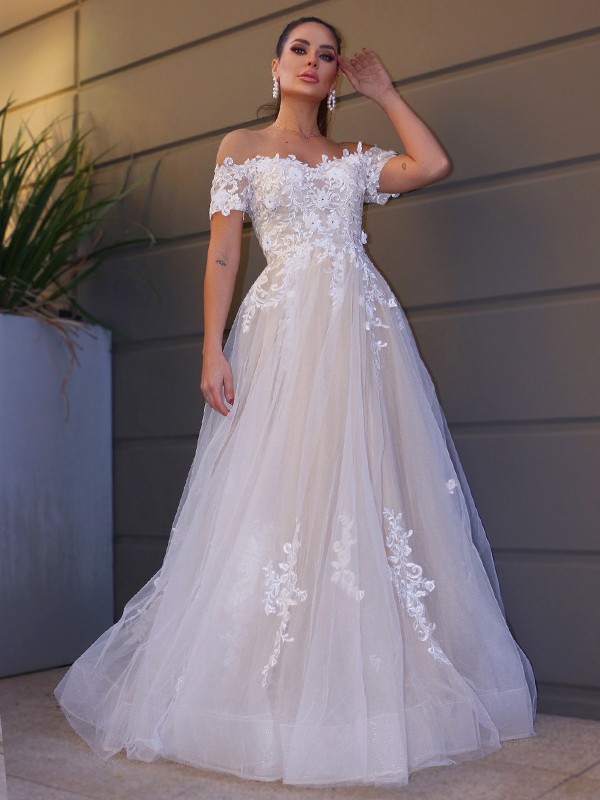 A-Line/Princess Tulle Off-the-Shoulder Short Sleeves Applique Floor-Length Wedding Dresses 1080