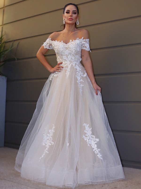 A-Line/Princess Tulle Off-the-Shoulder Short Sleeves Applique Floor-Length Wedding Dresses 1080