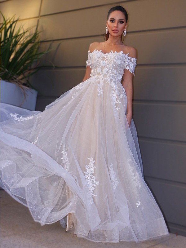 A-Line/Princess Tulle Off-the-Shoulder Short Sleeves Applique Floor-Length Wedding Dresses 1080