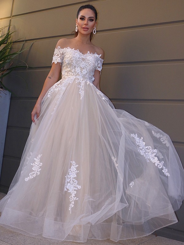 A-Line/Princess Tulle Off-the-Shoulder Short Sleeves Applique Floor-Length Wedding Dresses 1080