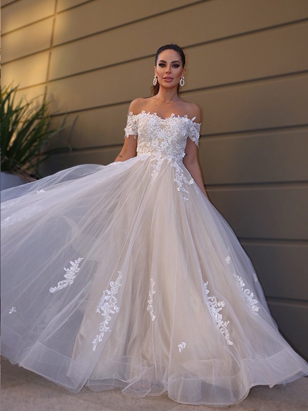 A-Line/Princess Tulle Off-the-Shoulder Short Sleeves Applique Floor-Length Wedding Dresses 1080