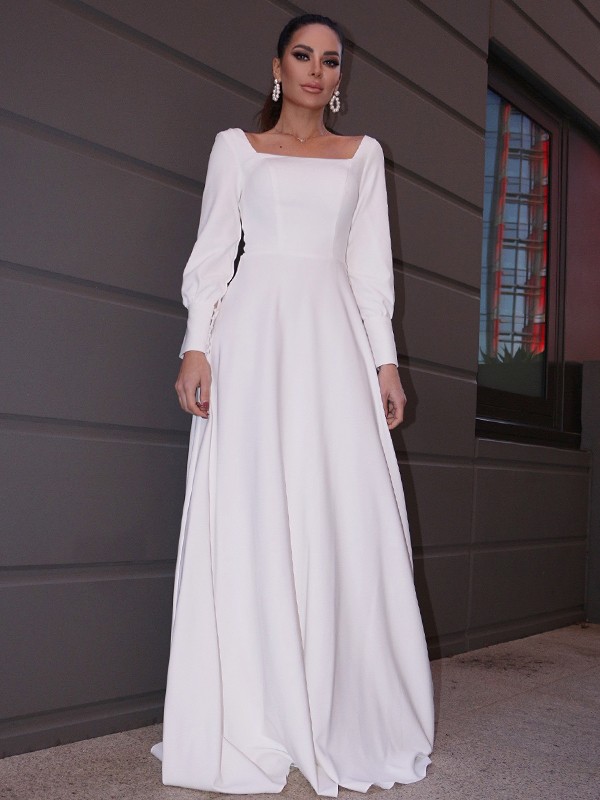 A-Line/Princess Stretch Crepe Ruffles Long Sleeves Square Sweep/Brush Train Wedding Dresses 943