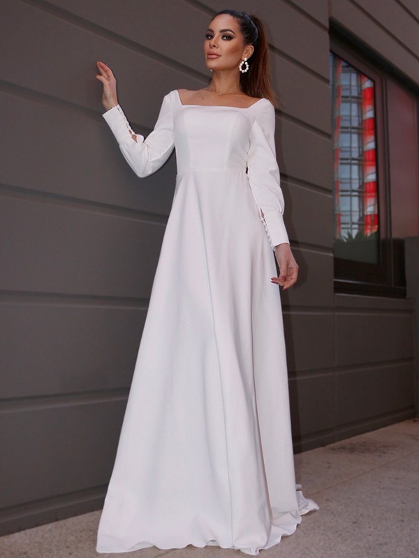 A-Line/Princess Stretch Crepe Ruffles Long Sleeves Square Sweep/Brush Train Wedding Dresses 943