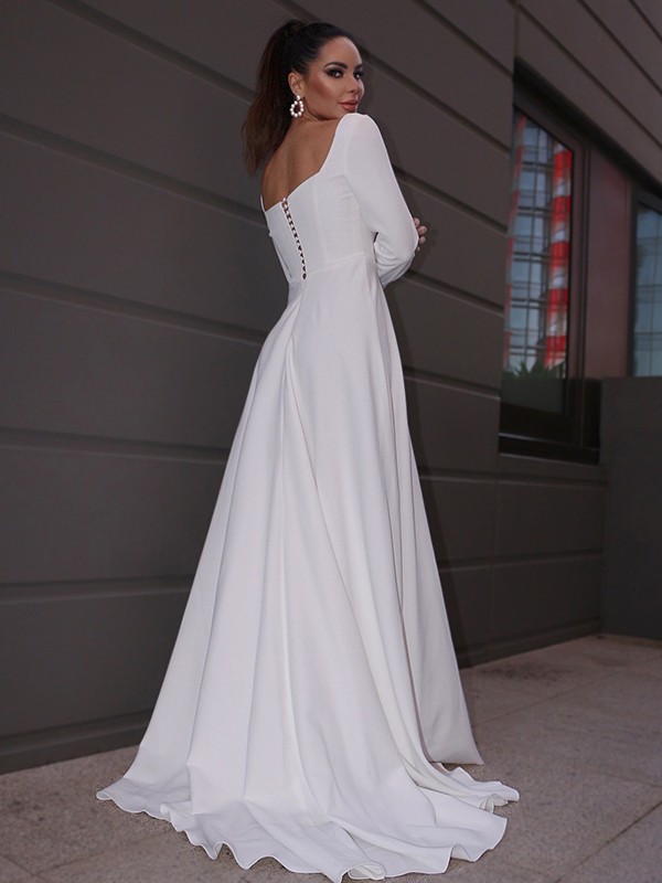 A-Line/Princess Stretch Crepe Ruffles Long Sleeves Square Sweep/Brush Train Wedding Dresses 943