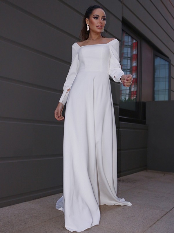 A-Line/Princess Stretch Crepe Ruffles Long Sleeves Square Sweep/Brush Train Wedding Dresses 943