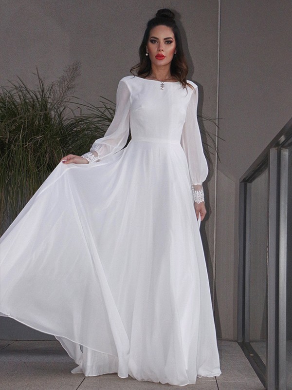 A-Line/Princess Chiffon Ruffles Long Sleeves Scoop Sweep/Brush Train Wedding Dresses 666