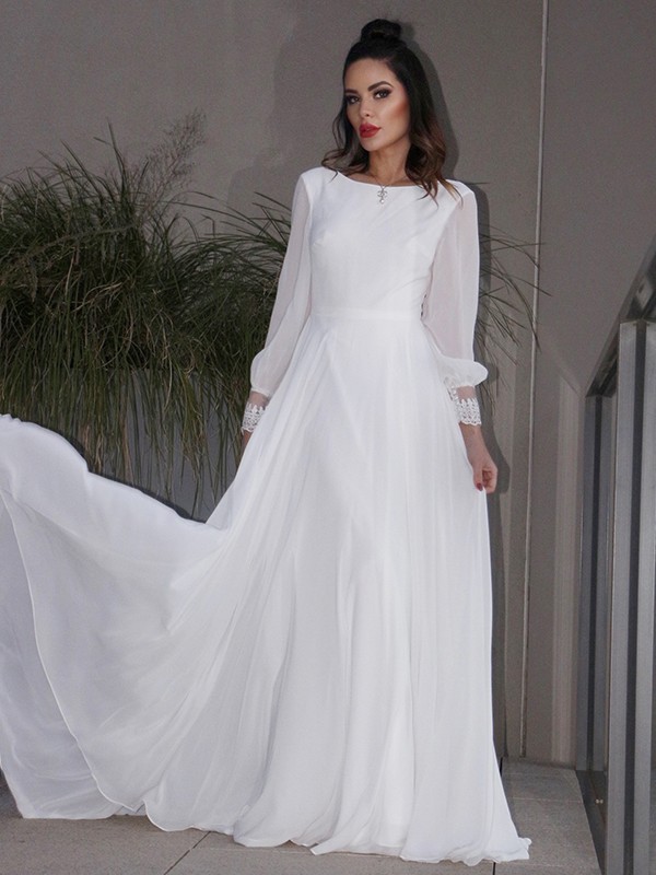 A-Line/Princess Chiffon Ruffles Long Sleeves Scoop Sweep/Brush Train Wedding Dresses 666