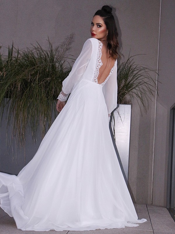 A-Line/Princess Chiffon Ruffles Long Sleeves Scoop Sweep/Brush Train Wedding Dresses 666