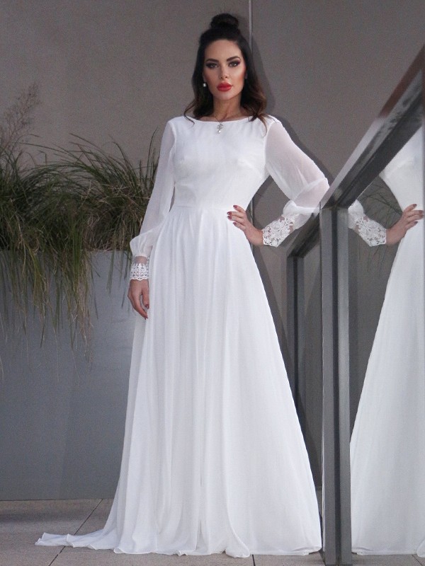 A-Line/Princess Chiffon Ruffles Long Sleeves Scoop Sweep/Brush Train Wedding Dresses 666