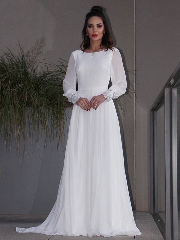 A-Line/Princess Chiffon Ruffles Long Sleeves Scoop Sweep/Brush Train Wedding Dresses 666