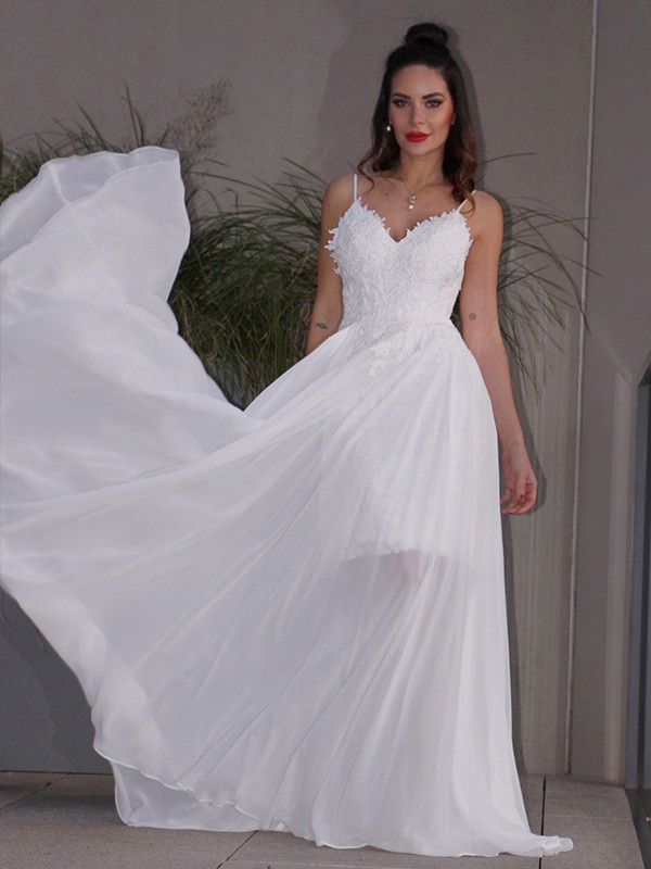 A-Line/Princess Applique Chiffon V-neck Sleeveless Sweep/Brush Train Wedding Dresses 611