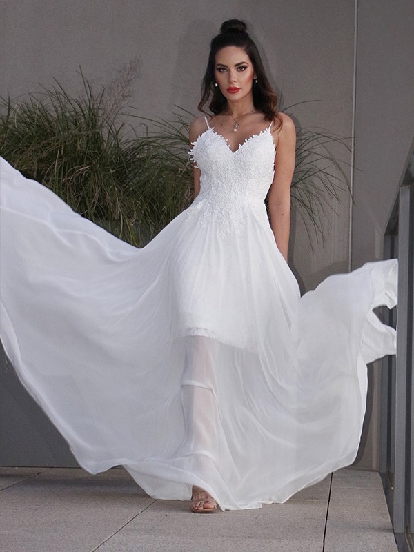 A-Line/Princess Applique Chiffon V-neck Sleeveless Sweep/Brush Train Wedding Dresses 611