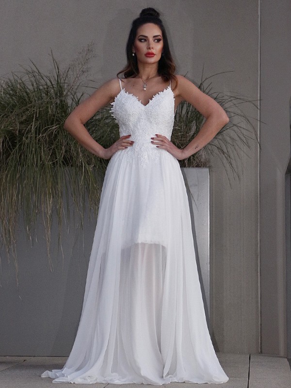 A-Line/Princess Applique Chiffon V-neck Sleeveless Sweep/Brush Train Wedding Dresses 611