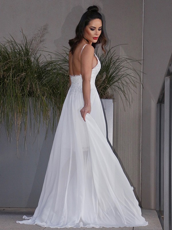 A-Line/Princess Applique Chiffon V-neck Sleeveless Sweep/Brush Train Wedding Dresses 611