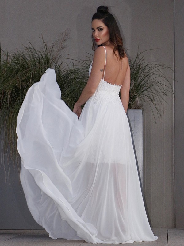 A-Line/Princess Applique Chiffon V-neck Sleeveless Sweep/Brush Train Wedding Dresses 611