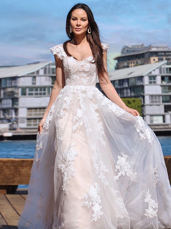 A-Line/Princess Tulle Applique Off-the-Shoulder Sleeveless Sweep/Brush Train Wedding Dresses 982