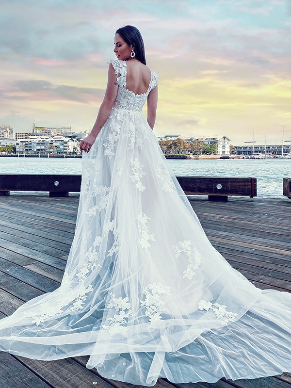 A-Line/Princess Tulle Applique Off-the-Shoulder Sleeveless Sweep/Brush Train Wedding Dresses 982