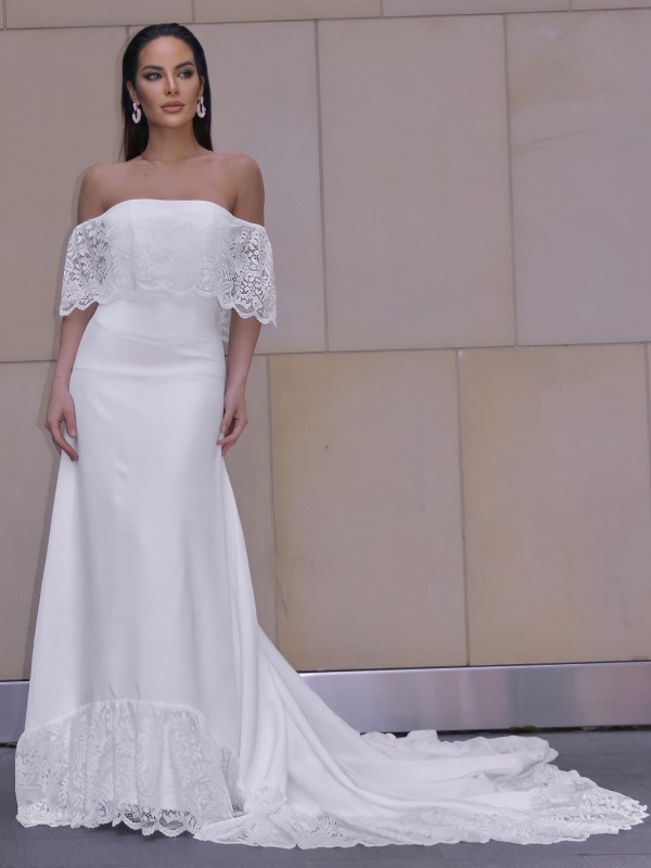 Sheath/Column Lace Ruffles Off-the-Shoulder Short Sleeves Chapel Train  Wedding Dresses 1389