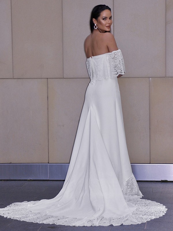 Sheath/Column Lace Ruffles Off-the-Shoulder Short Sleeves Chapel Train  Wedding Dresses 1389