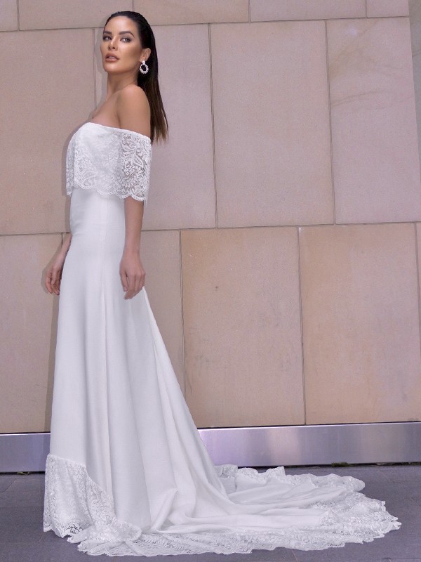 Sheath/Column Lace Ruffles Off-the-Shoulder Short Sleeves Chapel Train  Wedding Dresses 1389