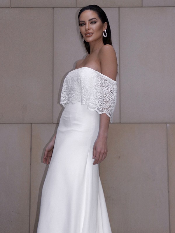 Sheath/Column Lace Ruffles Off-the-Shoulder Short Sleeves Chapel Train  Wedding Dresses 1389