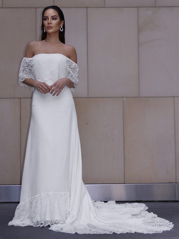 Sheath/Column Lace Ruffles Off-the-Shoulder Short Sleeves Chapel Train  Wedding Dresses 1389