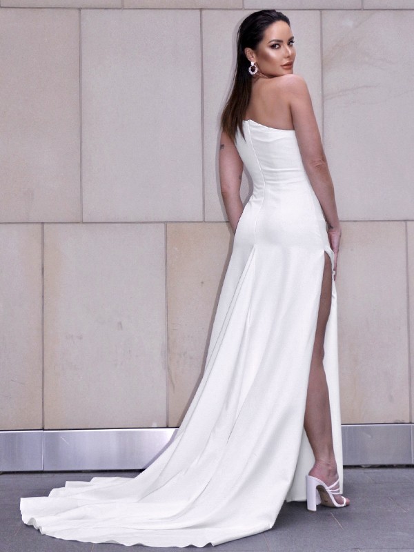 Sheath/Column Stretch Crepe Ruched One-Shoulder Sleeveless Sweep/Brush Train Wedding Dresses 1417