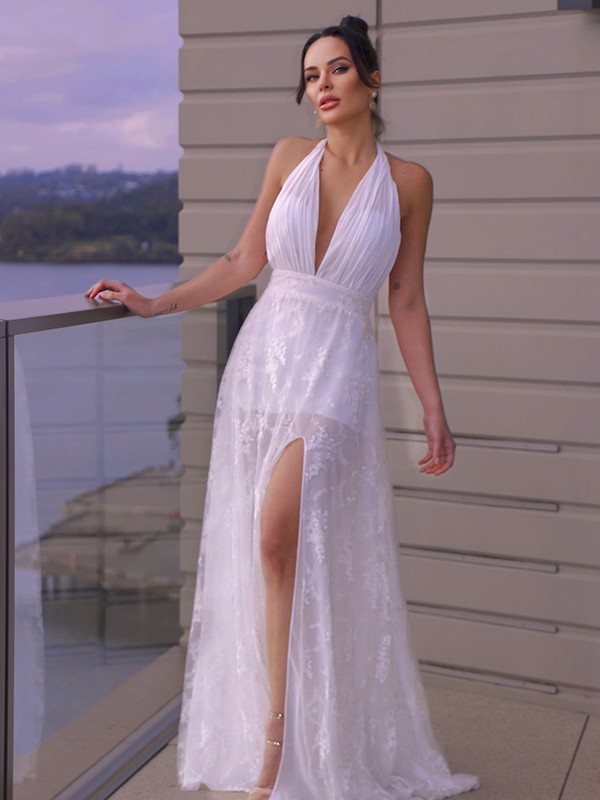 A-Line/Princess Lace Ruched Halter Sleeveless Floor-Length Wedding Dresses 724