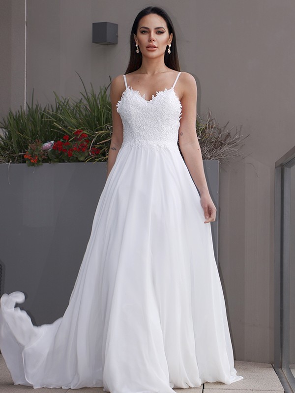 A-Line/Princess Chiffon Applique V-neck Sleeveless Sweep/Brush Train Wedding Dresses 639