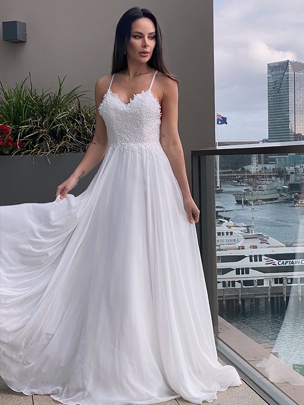 A-Line/Princess Chiffon Applique V-neck Sleeveless Sweep/Brush Train Wedding Dresses 639