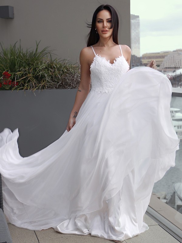 A-Line/Princess Chiffon Applique V-neck Sleeveless Sweep/Brush Train Wedding Dresses 639