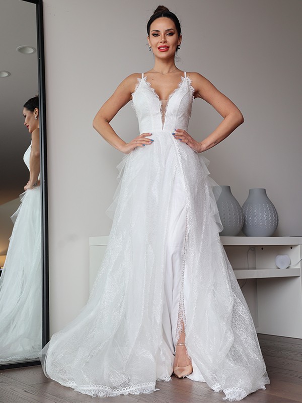 A-Line/Princess Lace Ruffles V-neck Sleeveless Sweep/Brush Train Wedding Dresses 735