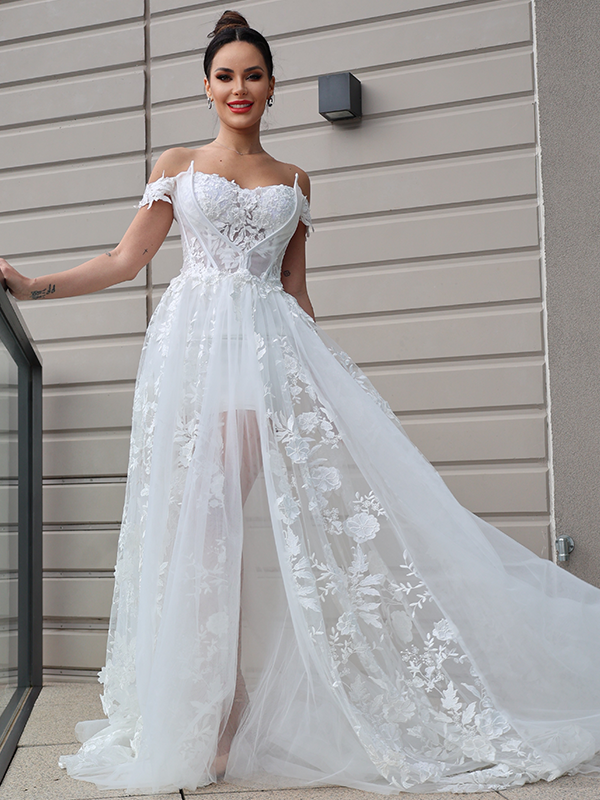 A-Line/Princess Tulle Applique Off-the-Shoulder Sleeveless Sweep/Brush Train Wedding Dresses 983