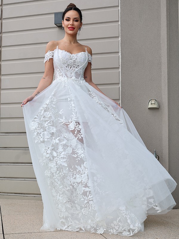 A-Line/Princess Tulle Applique Off-the-Shoulder Sleeveless Sweep/Brush Train Wedding Dresses 983