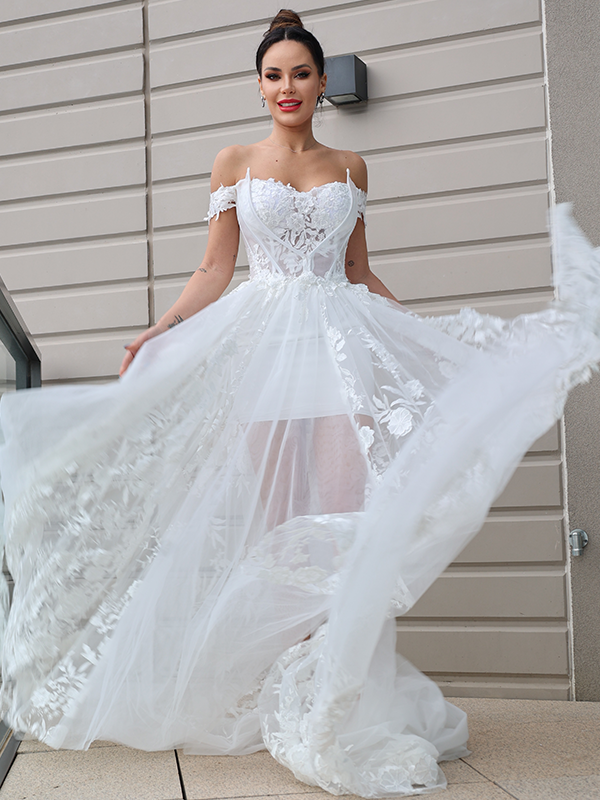 A-Line/Princess Tulle Applique Off-the-Shoulder Sleeveless Sweep/Brush Train Wedding Dresses 983