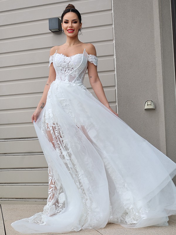 A-Line/Princess Tulle Applique Off-the-Shoulder Sleeveless Sweep/Brush Train Wedding Dresses 983