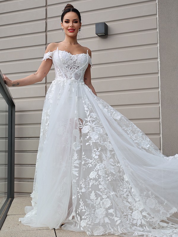 A-Line/Princess Tulle Applique Off-the-Shoulder Sleeveless Sweep/Brush Train Wedding Dresses 983