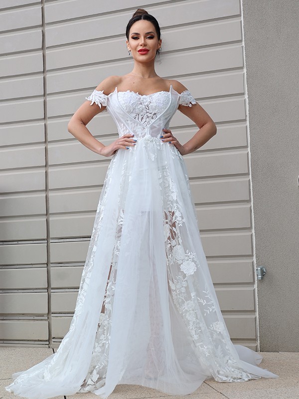 A-Line/Princess Tulle Applique Off-the-Shoulder Sleeveless Sweep/Brush Train Wedding Dresses 983