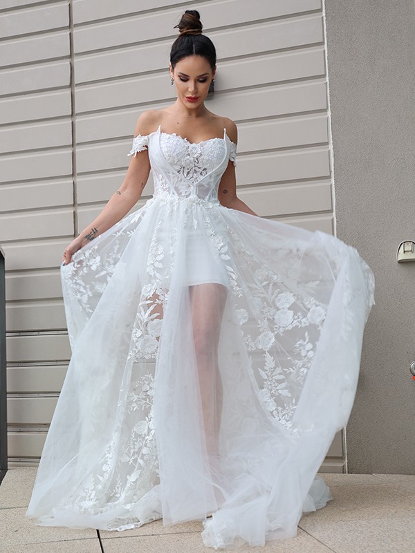 A-Line/Princess Tulle Applique Off-the-Shoulder Sleeveless Sweep/Brush Train Wedding Dresses 983