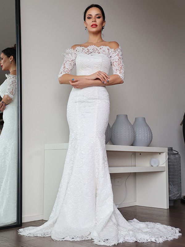 Sheath/Column Lace Ruffles Off-the-Shoulder 1/2 Sleeves Sweep/Brush Train Wedding Dresses 1388