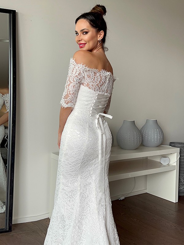 Sheath/Column Lace Ruffles Off-the-Shoulder 1/2 Sleeves Sweep/Brush Train Wedding Dresses 1388