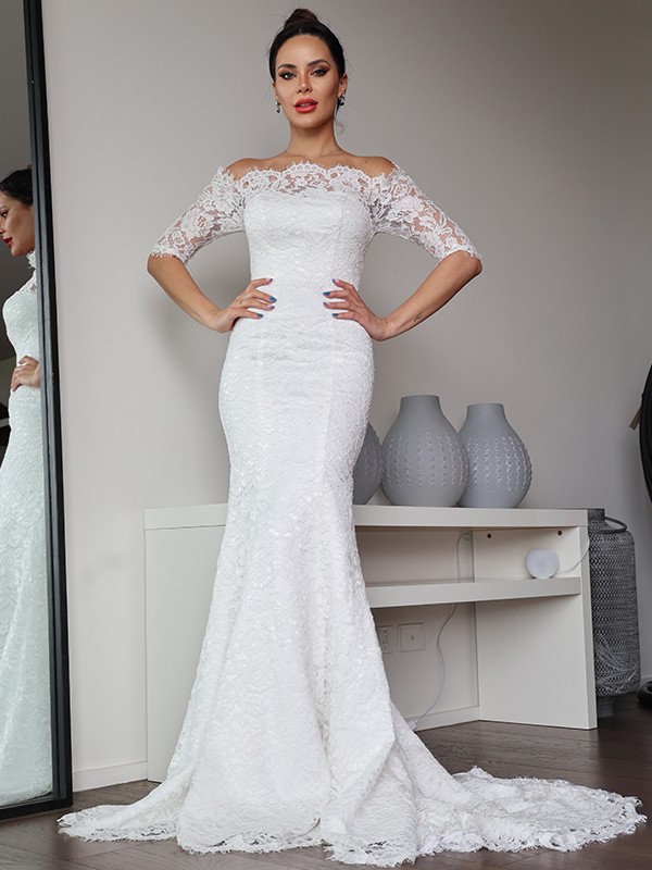 Sheath/Column Lace Ruffles Off-the-Shoulder 1/2 Sleeves Sweep/Brush Train Wedding Dresses 1388