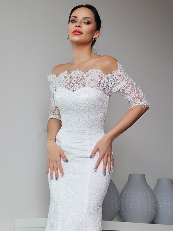 Sheath/Column Lace Ruffles Off-the-Shoulder 1/2 Sleeves Sweep/Brush Train Wedding Dresses 1388