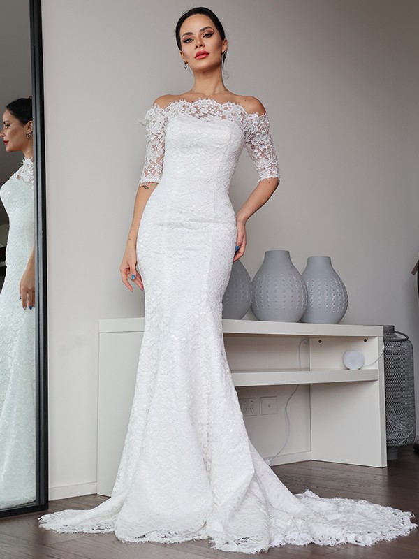 Sheath/Column Lace Ruffles Off-the-Shoulder 1/2 Sleeves Sweep/Brush Train Wedding Dresses 1388