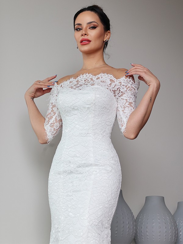 Sheath/Column Lace Ruffles Off-the-Shoulder 1/2 Sleeves Sweep/Brush Train Wedding Dresses 1388