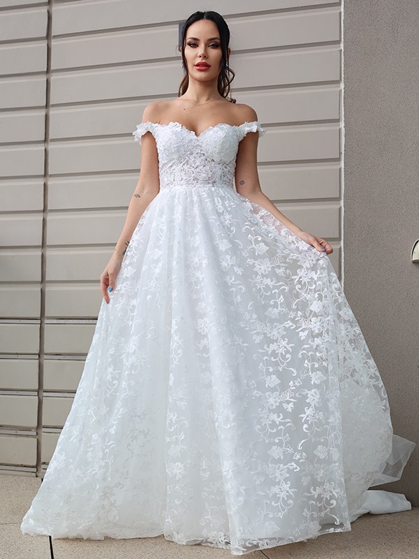 A-Line/Princess Tulle Applique Off-the-Shoulder Sleeveless Sweep/Brush Train Wedding Dresses 984