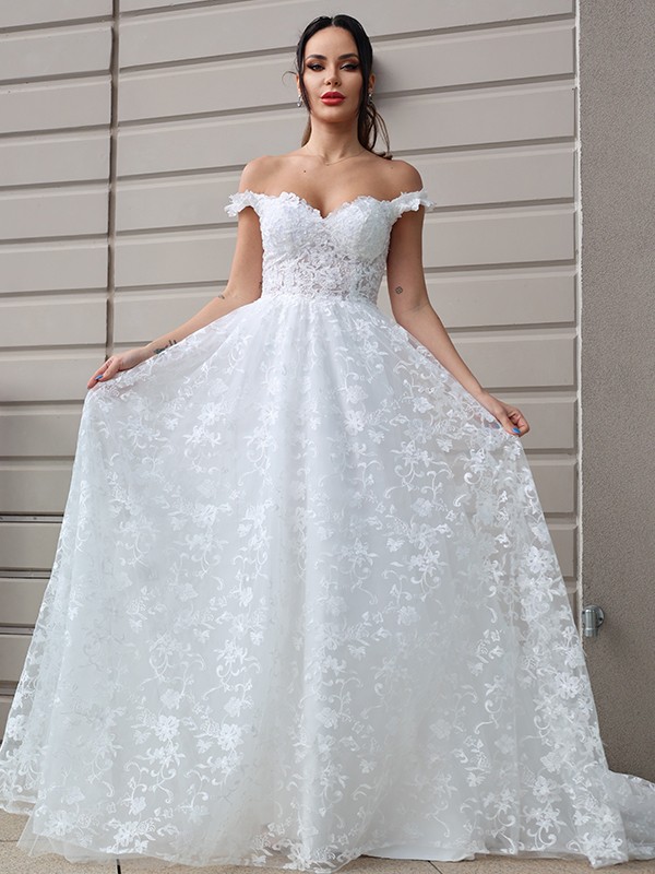 A-Line/Princess Tulle Applique Off-the-Shoulder Sleeveless Sweep/Brush Train Wedding Dresses 984