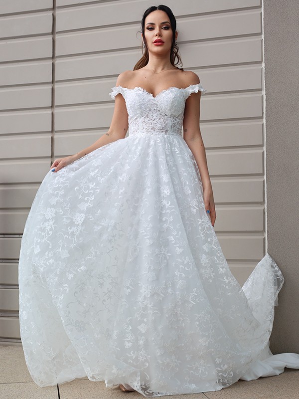 A-Line/Princess Tulle Applique Off-the-Shoulder Sleeveless Sweep/Brush Train Wedding Dresses 984